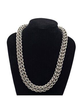 Chainmaille Byzantine Weave Necklace Silver Tone Adjustable Statement 18-20 inch